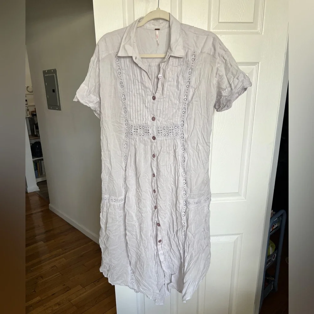 Free People Lilac Button-Down Lace Trim Short Sleeve Tunic Dress - Picture 1 of 3